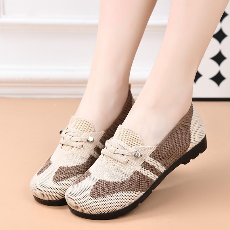 Spring and Autumn Women's Mesh Breathable Soft-Soled Casual Shoes Middle-Aged and Elderly Mom's Shoes Sports Walking Slip-On Plaid Flat Shoes