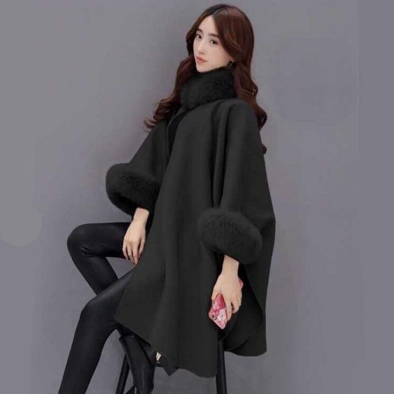 Coat Female Tide In The Fall and Winter Large Rabbit Hair Collar In The Long Tweed Coat Temperament Cape Shawl Hepburn Wind Tweed Large Size