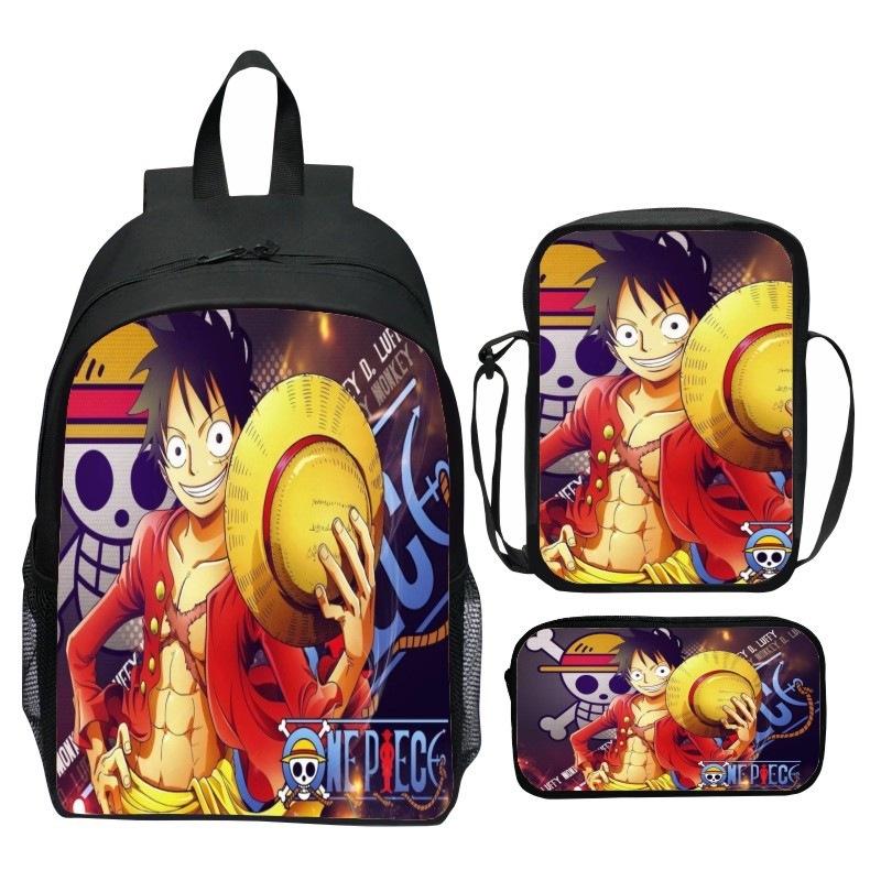 Set Zaino 3 Pezzi Stampato One Piece Cartone Animato Pirata Blu Marinaio Zaino Scuola Elementare Grande Capacità Resistente all'Acqua Zaino per Bambini