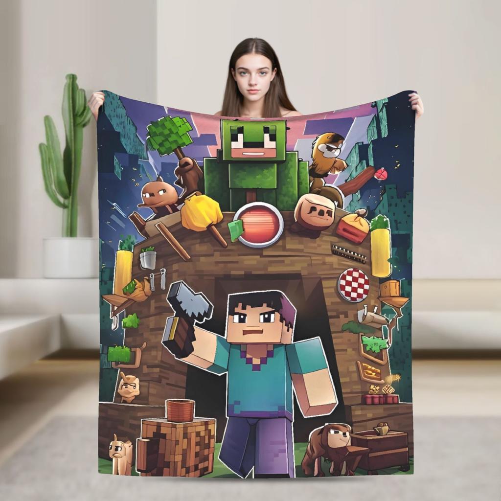 Super Soft Plush Bedding Throws Cartoon Mines Pixels Game  Blankets  For Couch Bed Camping Flannel Bedspread Bed Cover