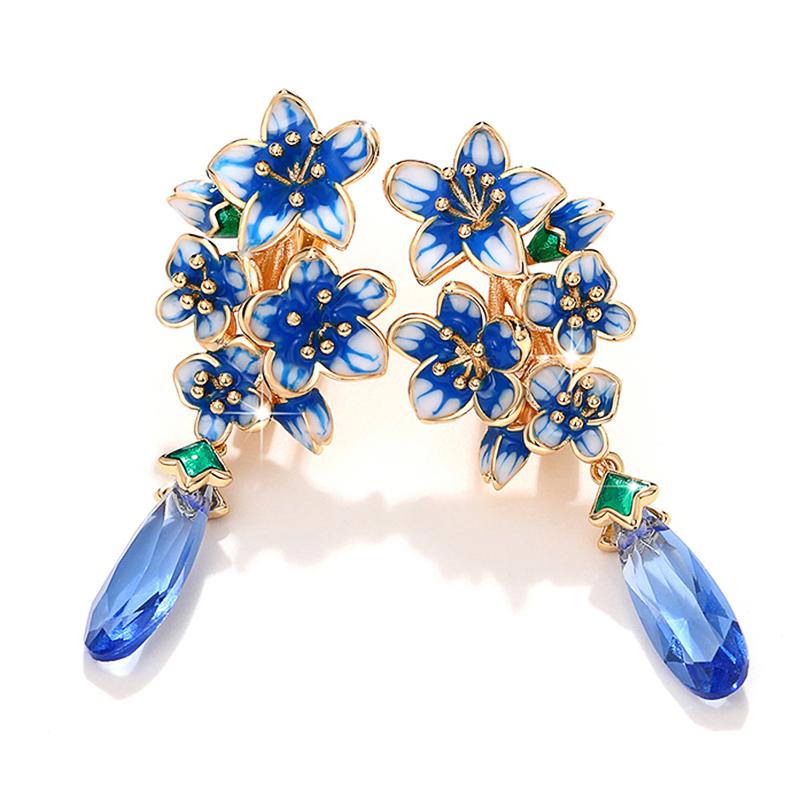 

Huitan New Design Blue Morning Glory Earrings for Women Luxury Gold Color Bride Wedding Party Romantic Flower Earrings Zircon