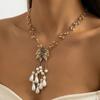 Vintage Floral Pendant Necklace With Alloy Pearl Tassel Charm Gold Tone LayeredChain Women