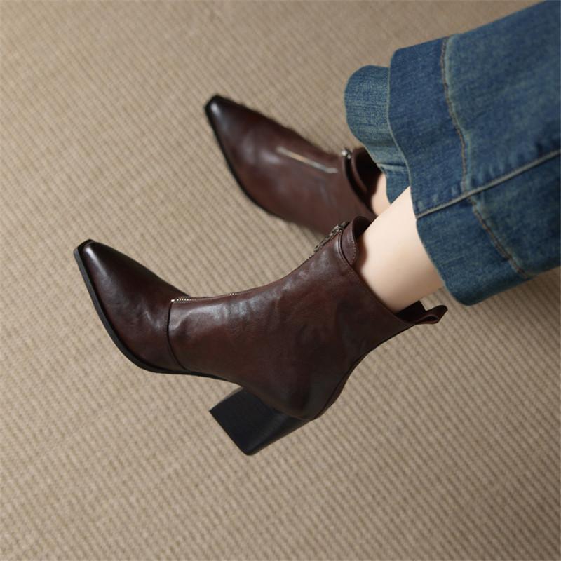 Mote Nye Høst/vinter Ekte Skinn Dame Støvletter Spiss Tå Sko for Kvinner Mote Støvletter Høye Hæler Korte Støvletter Kraftige Hæler