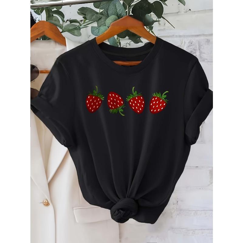 Women's Strawberry Print Short Sleeve T-Shirt - Cute Fruit Round Neck Blouse, Spring Summer Casual Attire, Machine Washable Strawberry Top for Women