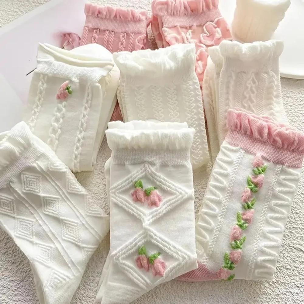 5 Pairs Cute Lace Mid Tube Socks Women's  Ruffled Harajuku Style Autumn Winter Soft Versatile Fashionable Girl Socks