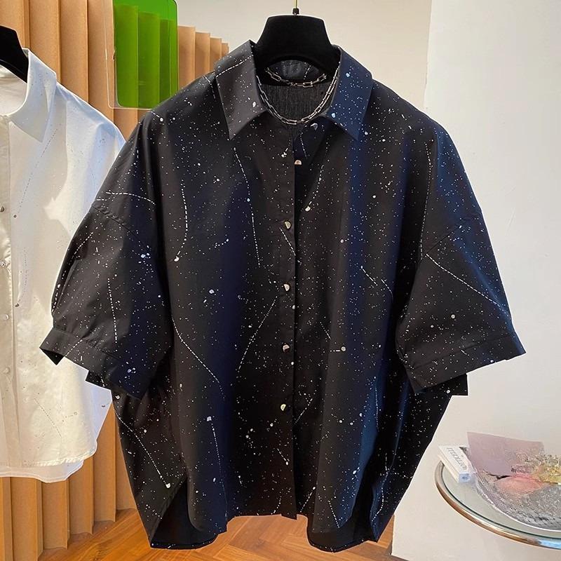 Summer Korean Style Black Splatter Paint Short Sleeve Shirt Comfortable European Trendy Unique Top