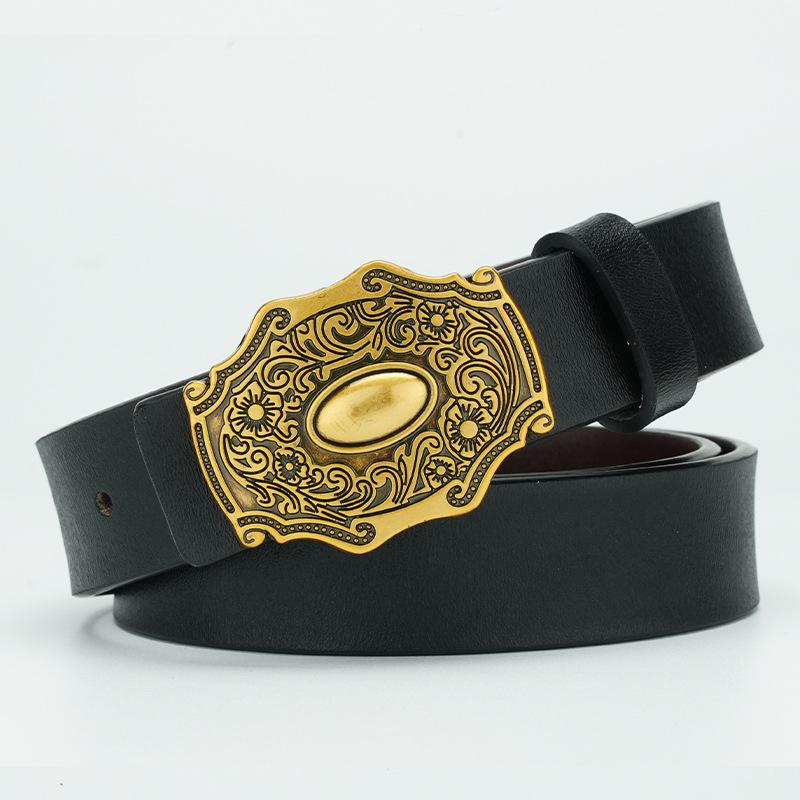 Retro Women's Cowhide Belt Punched with Brown Black Trousers Belt Genuine Leather Smooth Plate Buckle