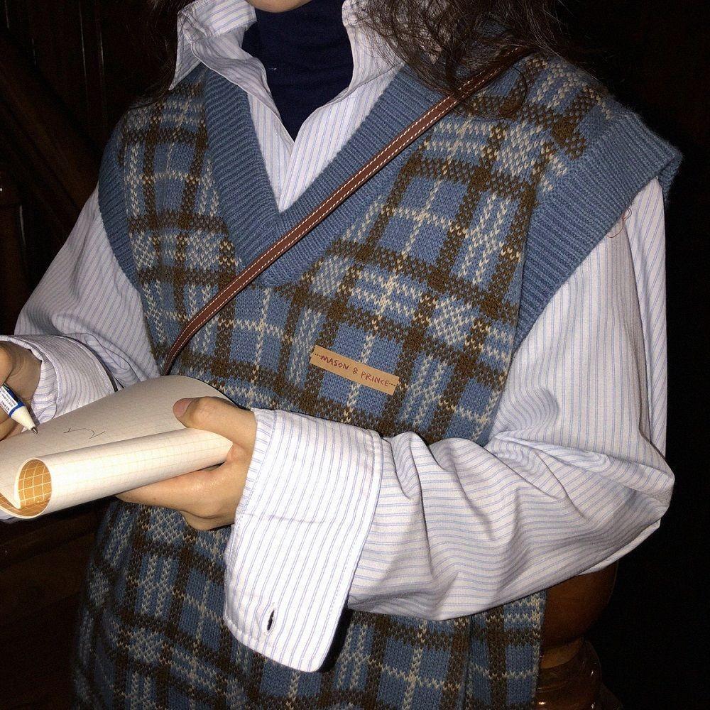 Kamizelka damska Plaid Vintage Harajuku stylowa odzież uliczna z dekoltem w kształcie litery V, bez rękawów, swetry studenckie, koreański styl, luźna na co dzień