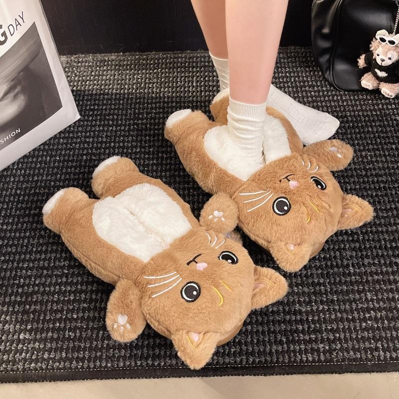 Funny Cat Doll Cotton Shoes Women Winter One Pedal Lazy Bread Shoes Comfortable Cute Floor Slippers