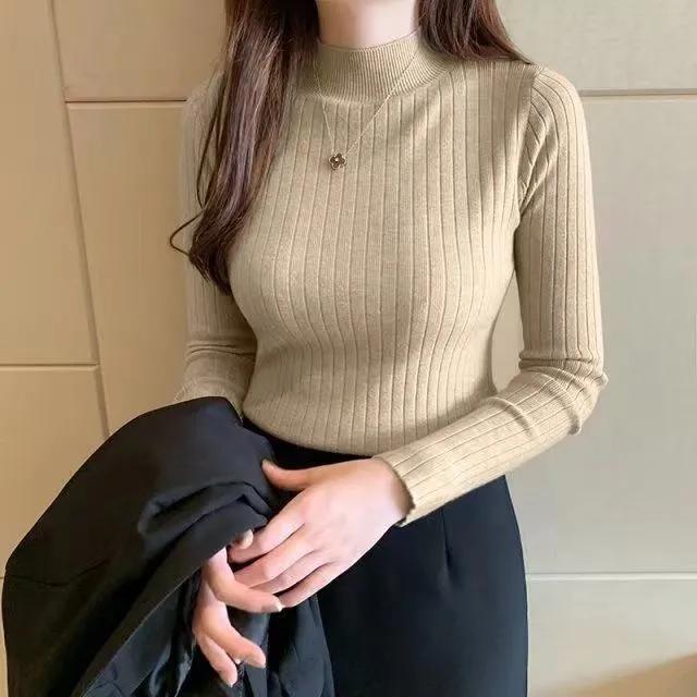 Autumn Winter Women Sweater Korean Fashion Warm Bottoming Shirts Half High Collar Basic Knitwear Solid Long Sleeve Pullovers