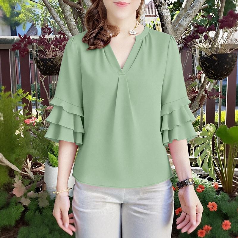ZANZEA Women Casual V-Neck Ruffles Half Sleeve Loose Blouse