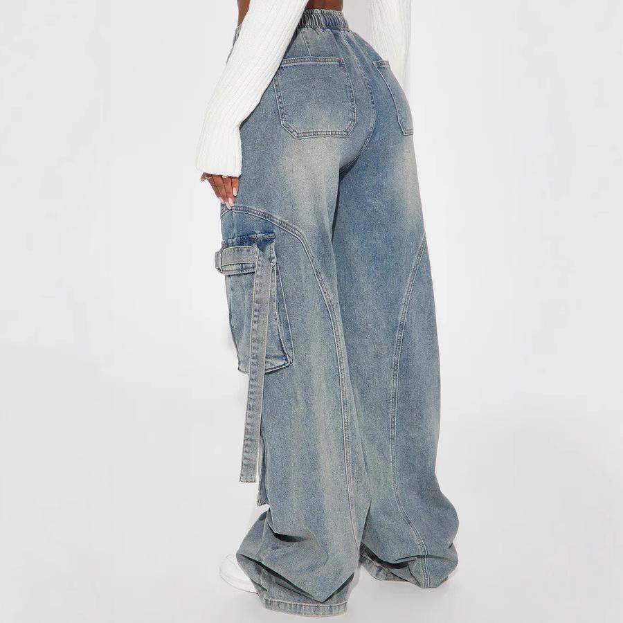 Women's Y2K Loose Fit Wide Leg Jeans Multiple Pockets Elastic Waist Denim Trousers Casual Pants
