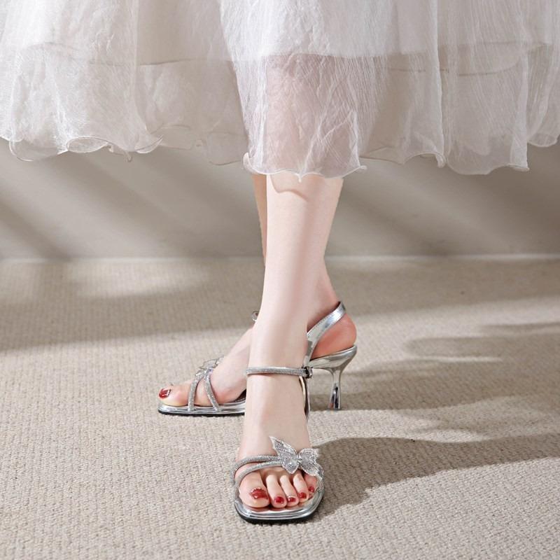 Fashion Women's Summer New Style with Skirt Temperament High Heels Fashion and Versatile French Silver Rhinestone Sandals