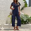 Women's Summer Casual Holiday Style Hundred Solid Colours V-Neck Waist Button Pocket Bubble Sleeve Jumpsuit