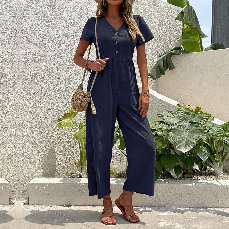 Women's Summer Casual Holiday Style Hundred Solid Colours V-Neck Waist Button Pocket Bubble Sleeve Jumpsuit