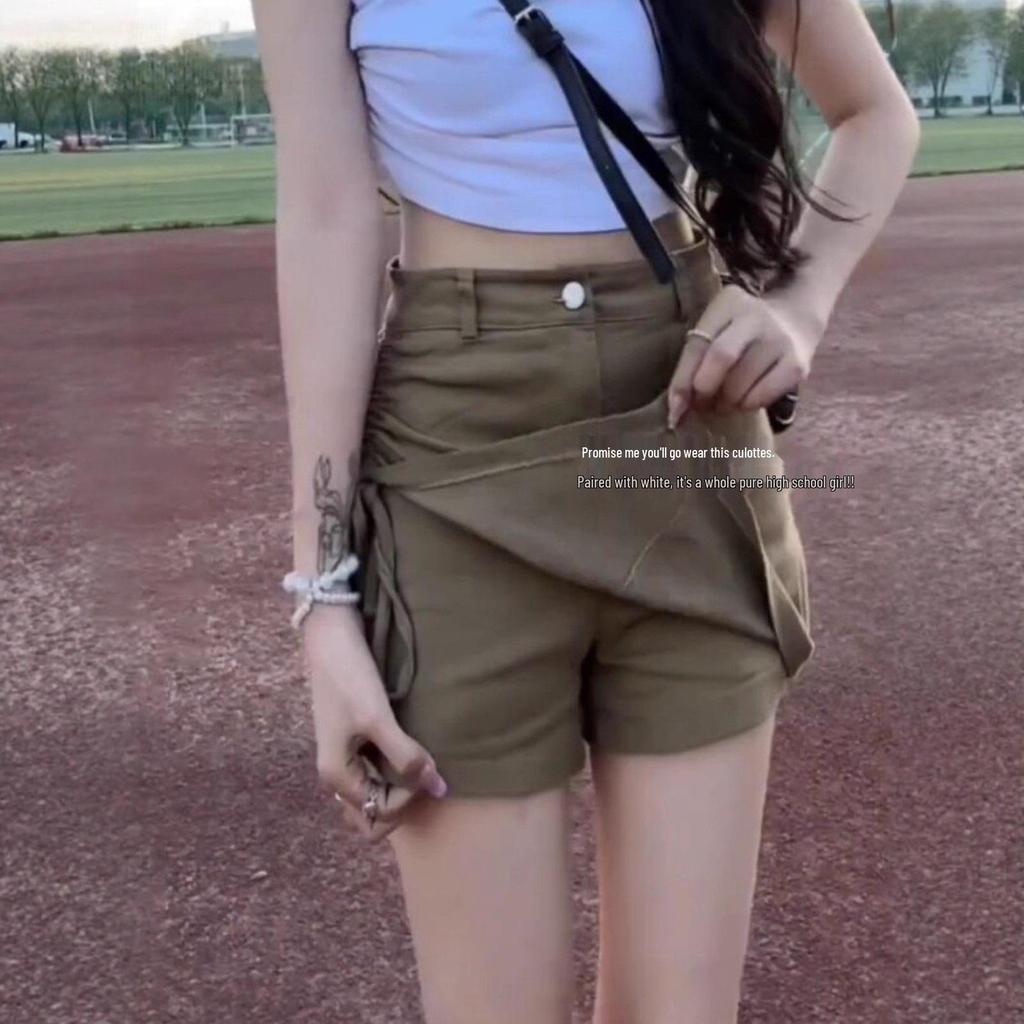 2025 Summer Khaki Women's Denim Drawstring Skirt Pants with Irregular Hem and Anti-Exposure Design