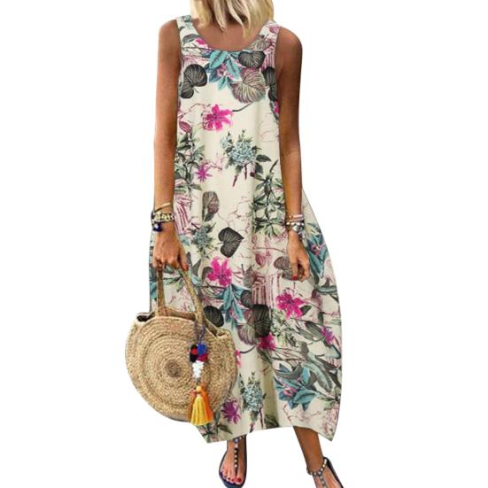 

Женское винтажное платье без рукавов с круглым вырезом, длинное, свободного кроя, из хлопка и льна, с цветочным принтом и принтом в виде листьев XXXXL красный