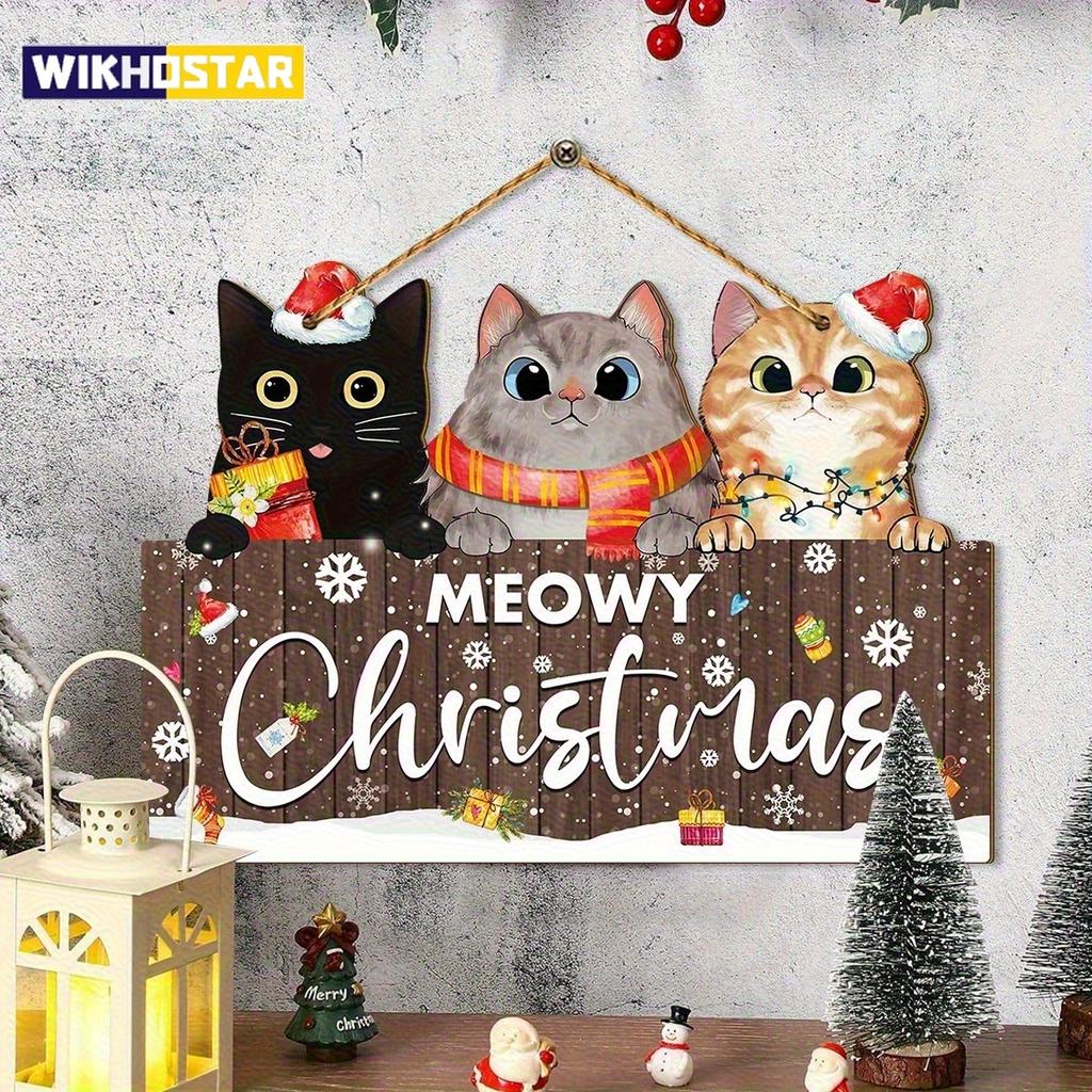 1Pcs Christmas Wooden Cute Cat Pendant Christmas Party Door Christmas Tree Decoration Bedroom Door Decoration Supplies