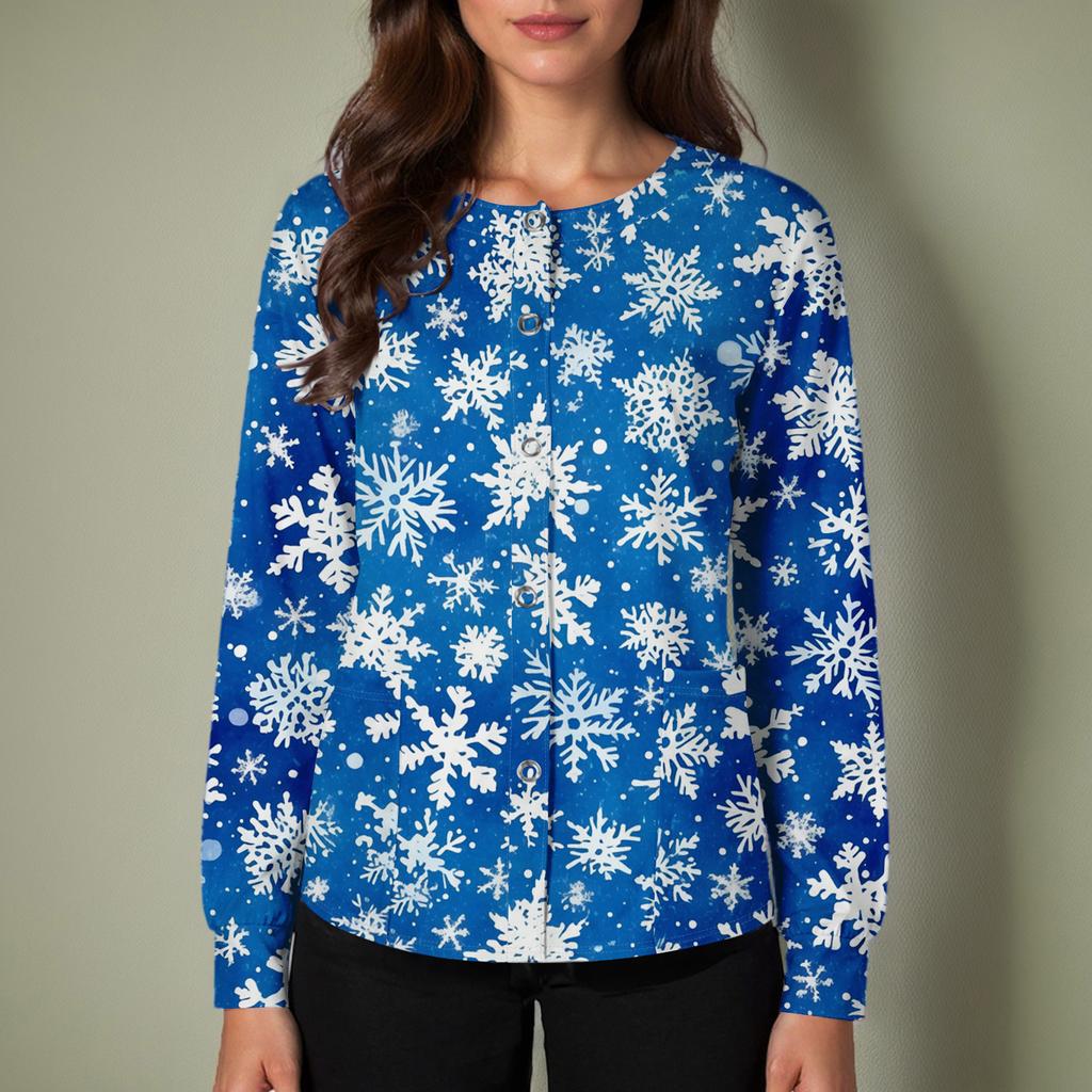 Dámský ležérní kardigan s dlouhým rukávem a jednořadým zapínáním, s vánočním potiskem, ochranný oděv