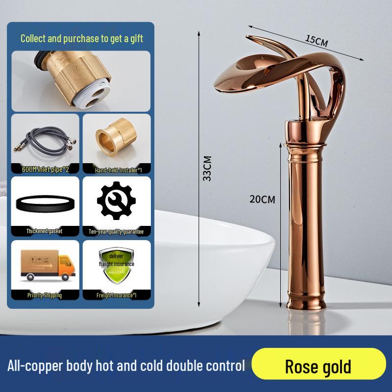 Copper Dual-Use Waterfall Faucet, Splash-Proof, Hot/Cold, Undermount Installation for Washbasins