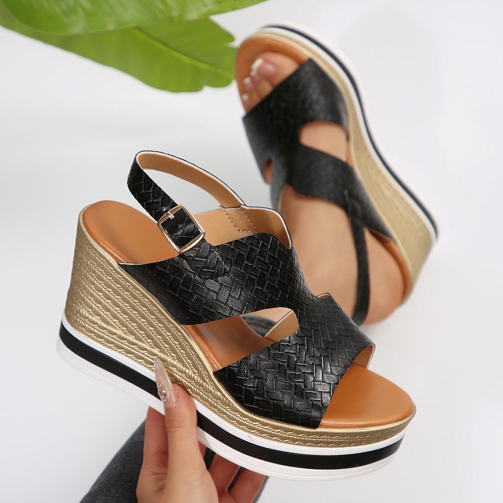 Foreign trade soft leather sandals women's thick-soled wedges 2025 summer matte one-word buckle with waterproof table Roman sandals