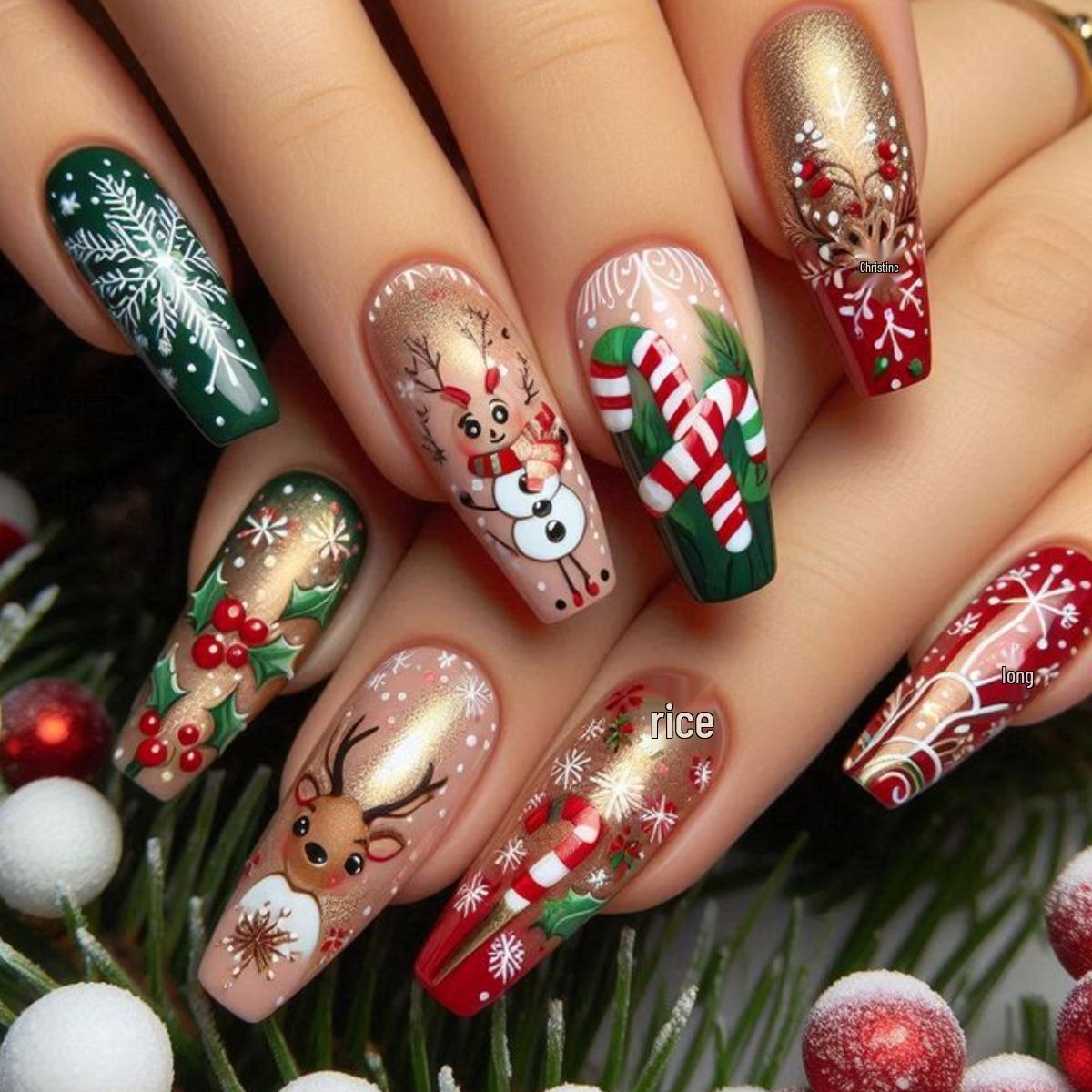 Medium Christmas Square Nail Tips: Santa Claus & Snowflake Design