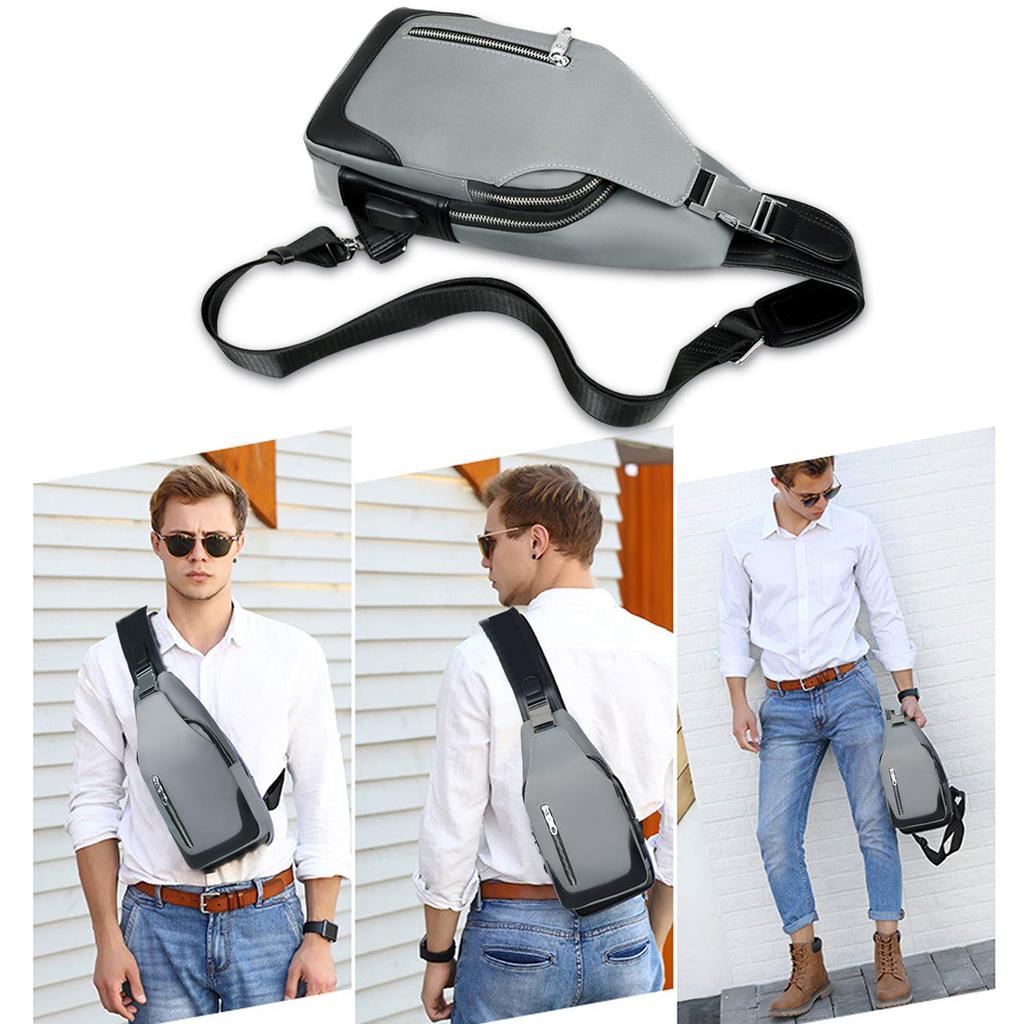 FANDARE Crossbody Bag with USB Reversible iPad Multiple Popular Chest Bag for Outdoors and Casual Dark Gray Men's One-Shoulder Port, Left/Right Strap,