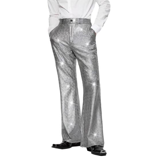 Men's Shiny Sequin Trousers Retro Elastic Waist Party Dance Pants Wide Leg Night Club Disco Pants for Stage Performance Hip-Hop Bar