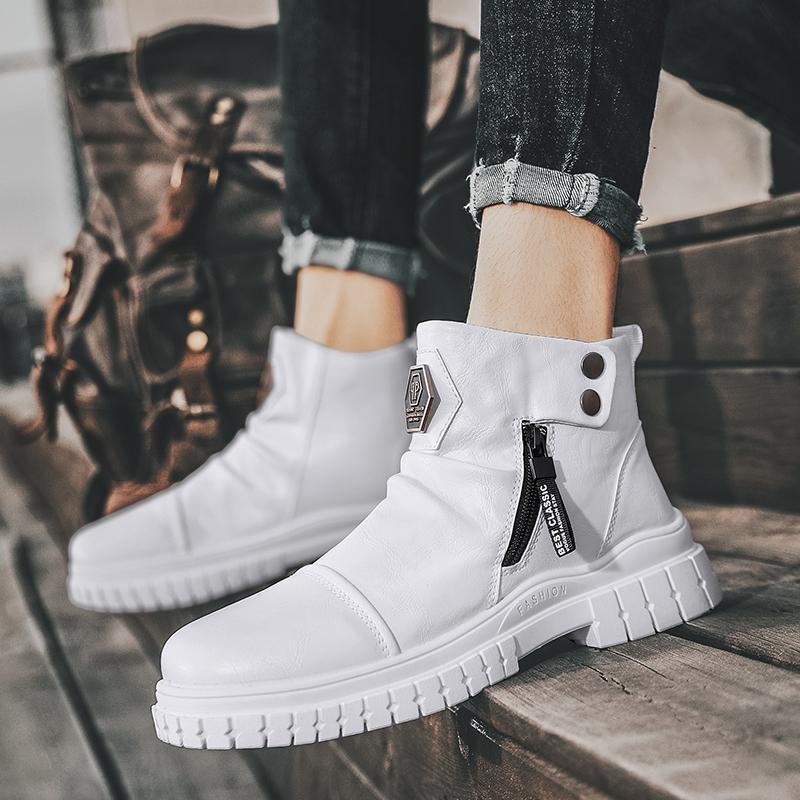 Martin Stiefel Herrenschuhe Herbst High Top Britische Chelsea Lederstiefel Mittelhoher Schaft Weiß Plateau Lokomotiv-Tooling-Stiefel