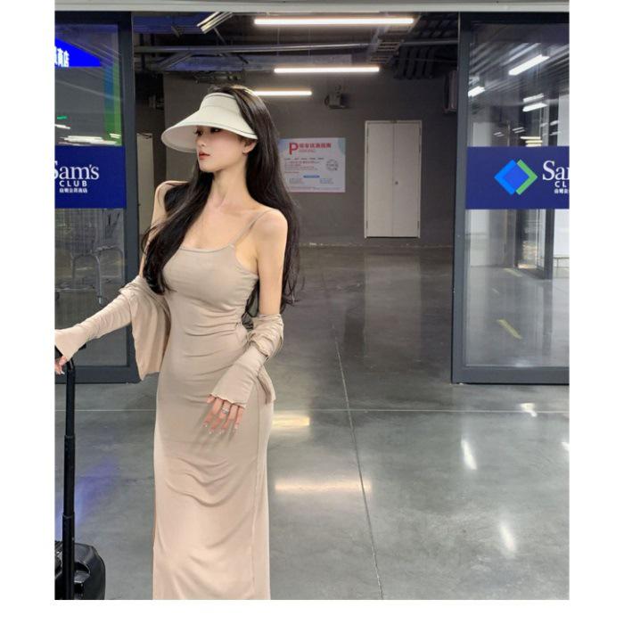 Spicy Girl 2025 Summer Slit Strap Dress & Cardigan Bodycon Two-Piece Set