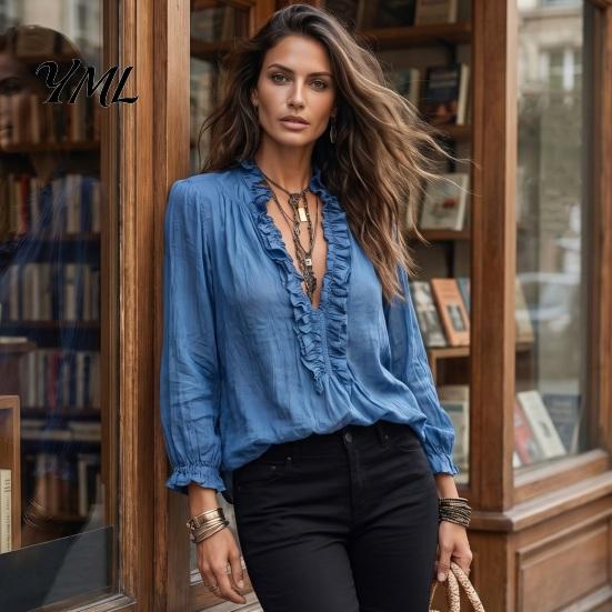 Tägliches Oberteil Damen Rüschen V-Ausschnitt Top, Einfarbig Lässig Langarm Pullover Shirt, Retro Falten Locker für Herbst Elegant