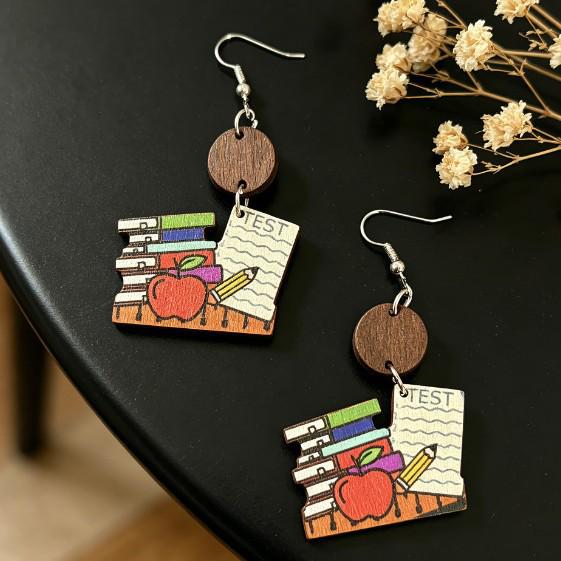 Colorful Rainbow Book Pendant Earrings - Double-sided Wooden Teacher Gift