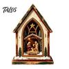 Christmas Tree Wooden Figurines Tabletop Decor with Warm LED Lights, 2D Printed Snow Village Scene Decorative Church And Sleigh Sets Santa Reindeer