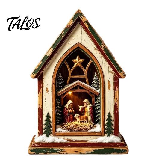 Christmas Tree Wooden Figurines Tabletop Decor with Warm LED Lights, 2D Printed Snow Village Scene Decorative Church And Sleigh Sets Santa Reindeer