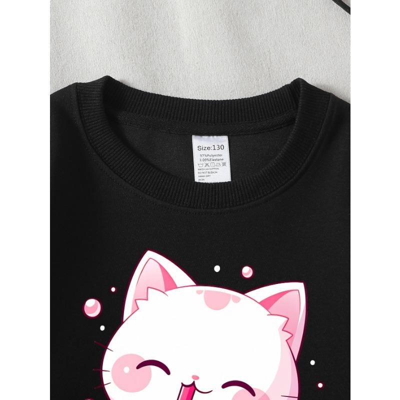 European Sizes Kids Sweatshirts, Girls' Autumn Winter Cute Cat Pink Bubble Tea Print Long Sleeve Round Neck Sweatshirt, Casual Daily Wear.