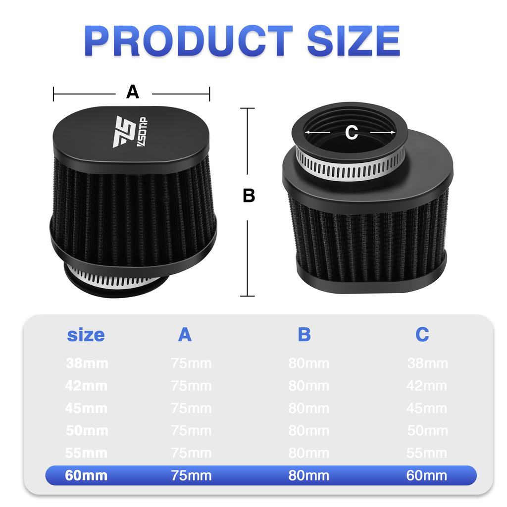 ZSDTRP 2pcs Motorcycle Air Filters 60mm 55mm 50mm Universal for Motorbike Cold Air Intake High Flow Washable Filter