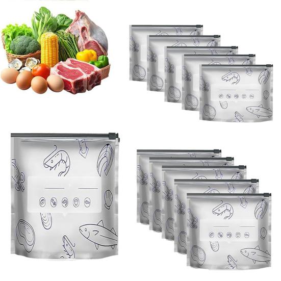 10Pcs Aluminum Foil Sealed Bags Reusable Leakproof Sealable Food Storage Bags Vacuum Zippered Pouches with Label Stand-Up Bottom