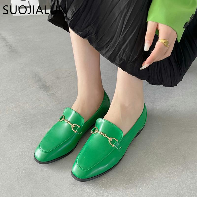 Fashion SUOJIALUN 2025 Spring Women Slip On Loafer Autumn Fashion British Metal Buckle Flat Shoes Round Toe Green Casual Ballerina