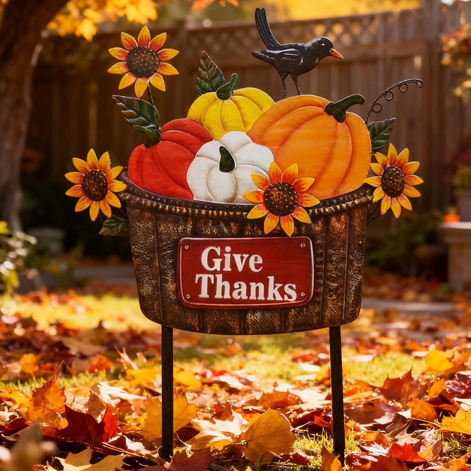 

Give Thanks Metal Garden Stake with Pumpkin and Sunflower Design Decorative Outdoor Yard Art for Seasonal Fall Decoration one size помаранчевий