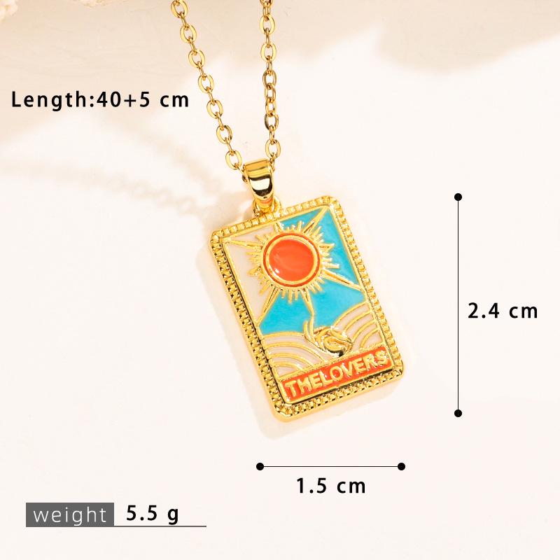 Retro Boyfriend Style Square Tarot Card Pendant Necklace with Zircon Clavicle Chain 