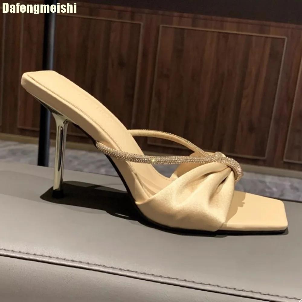 Fashion Purple Satin Rhinestone One-Strap Sandals for Women 2025 Summer New Bow Open-Toe Thin High-Heeled Slippers Casual Fashion Slides