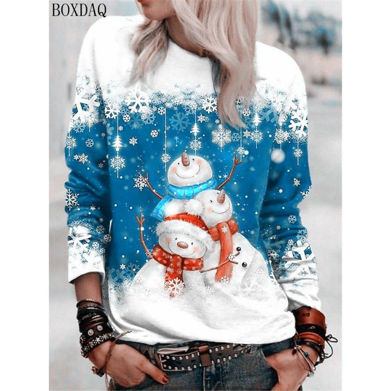 Cartoon Christmas Snowman Women Long Sleeve T-shirts Autumn Winter Christmas Style