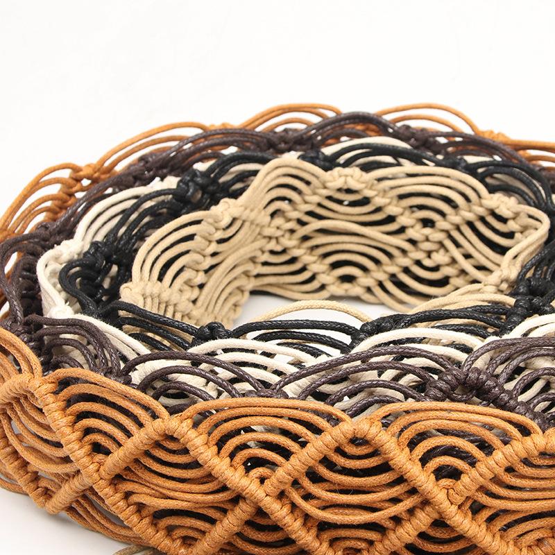New Ethnic Style Women's Wax Rope Braided Belt Decorative Skirt Belt Hand-woven Hollow Wooden Buckle Belt