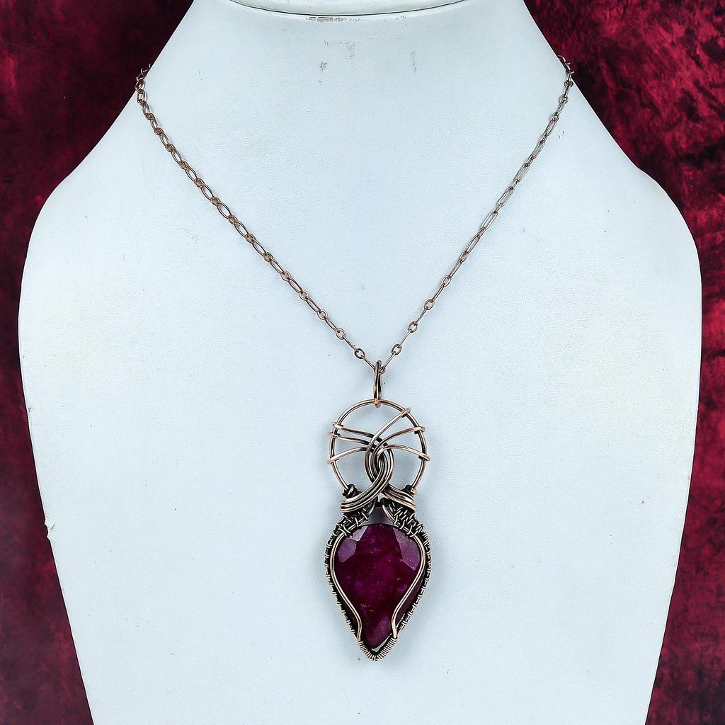 Faceted Kashmir Ruby Real Gemstone Pendant Copper Wire Wrapped Handmade Pendant