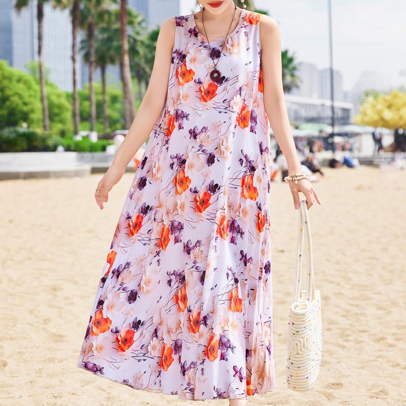 Elegant Sleeveless Dress Summer Fashion Casual Loose Vintage Print Long Dresses for Women Summer Clothes