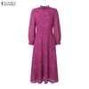 ZANZEA Women Casual Stand Collar Long Sleeve Lace Crochet Patchwork Long Dress