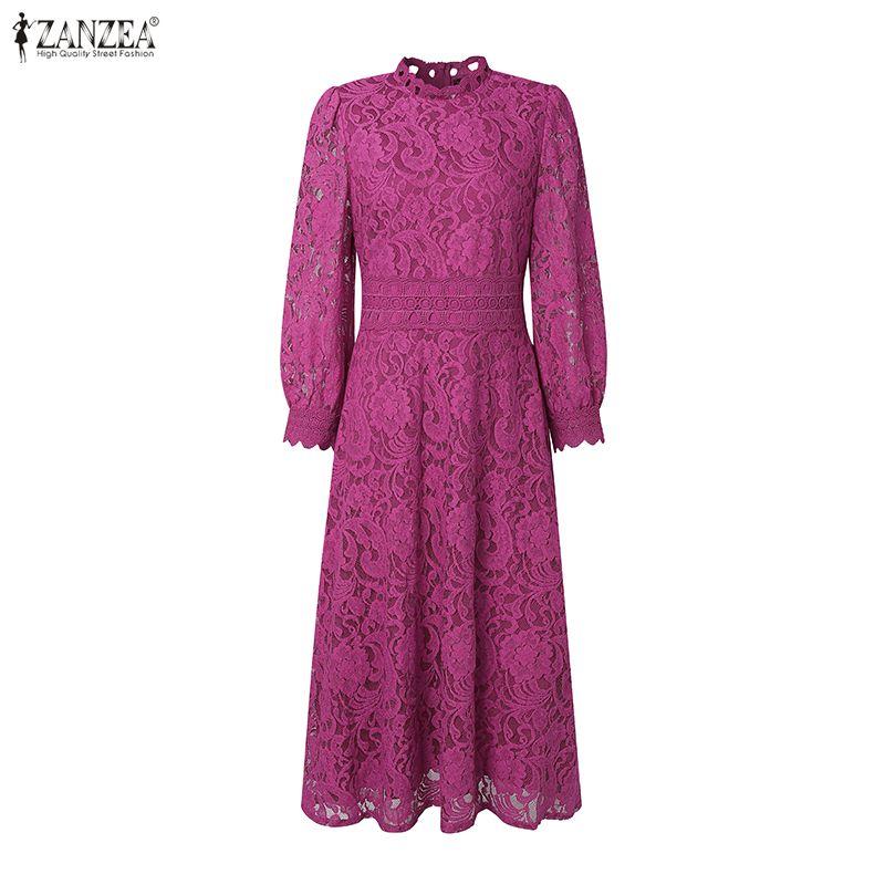 ZANZEA Women Casual Stand Collar Long Sleeve Lace Crochet Patchwork Long Dress