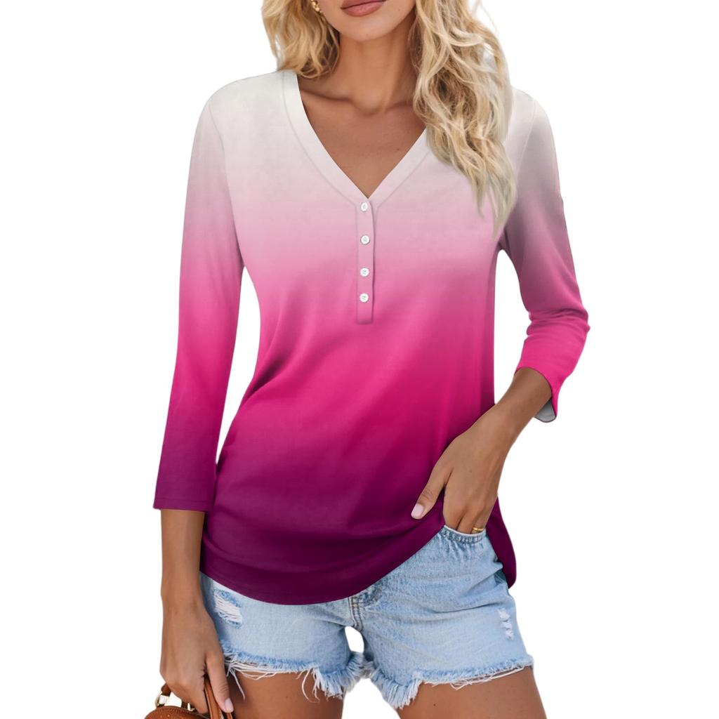 Women's Casual Fashion Sexy Comfortable V-neck Button Gradient Color Three-quarter Sleeve Top