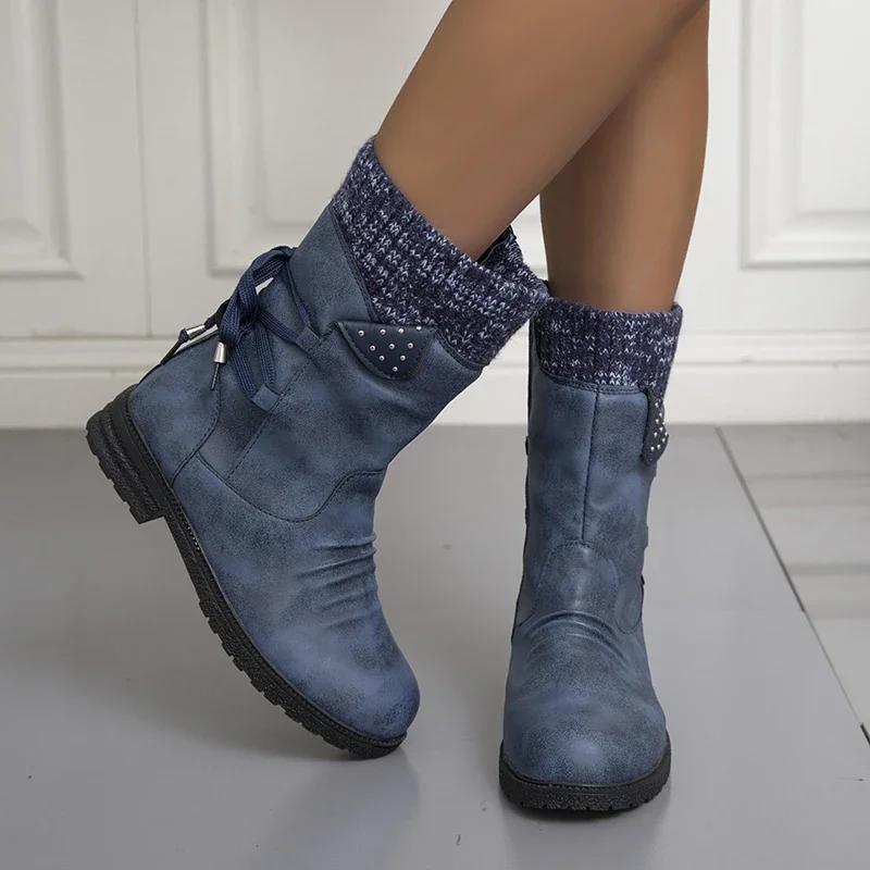 Gestrickte Mid-Calf-Stiefel mit niedrigem Absatz, Schnürung hinten, Reißverschluss an der Seite, Schuhe mit runder Zehenpartie, Damenschuhe