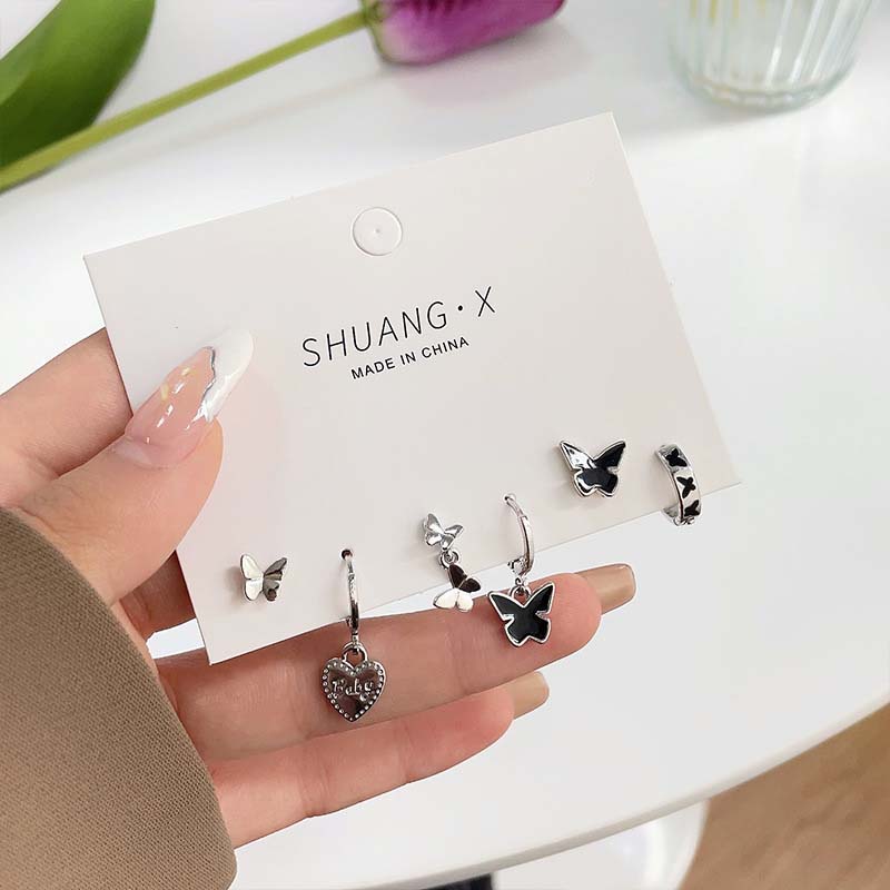 6 Stück/Set Mode Silberfarben Schmetterling Steckerohrringe Set für Damen Koreanische Kristall Herz Schleife Ohrringe Schmuck 2026 Neuer Trend
